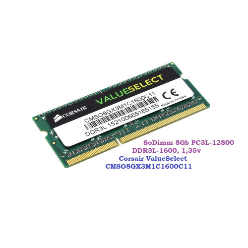 ОЗУ So-Dimm 8Gb PC3L-12800s, DDR3L-1600, Corsair ValueSelect CMSO8GX3M1C1600C11